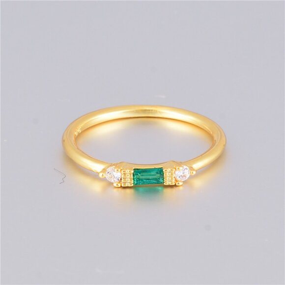 Gold Green Chic Rectangle Round Gems Dainty Ring for Women, VIP173 - Picture 2 of 3